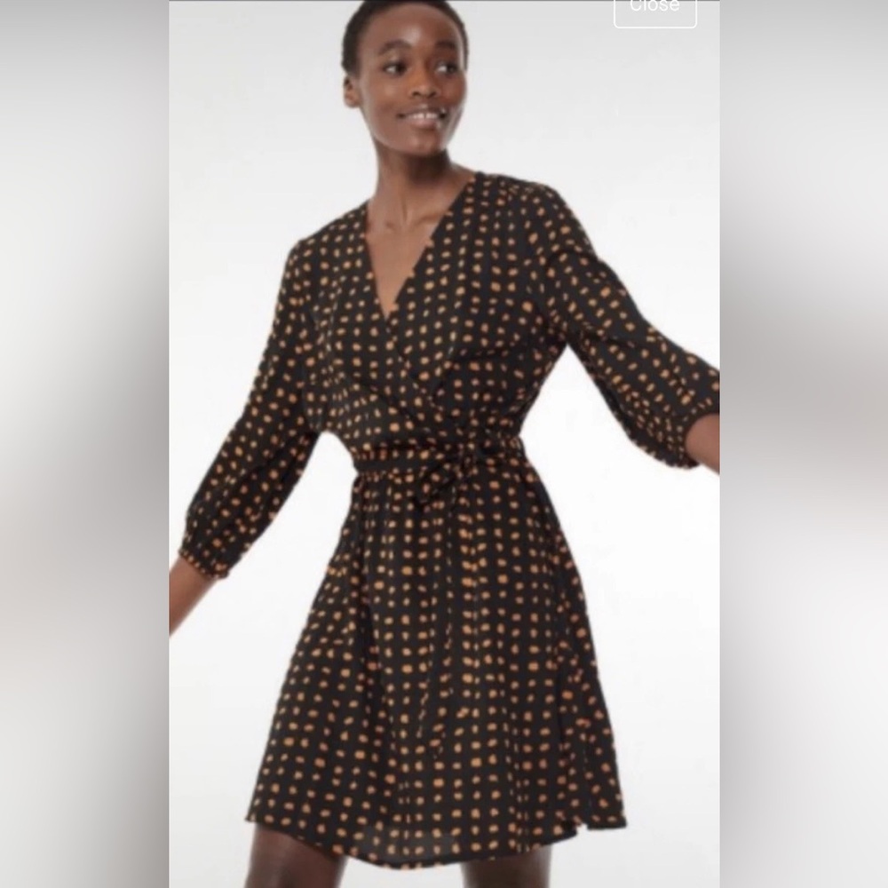 New Look Black and Orange Polka Dot V-Neck Wrap Dress